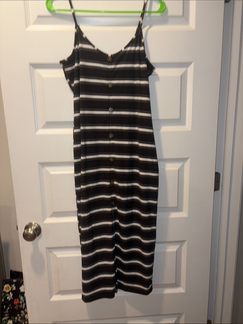 Striped Black & White Button-Front Spaghetti Strap Dress